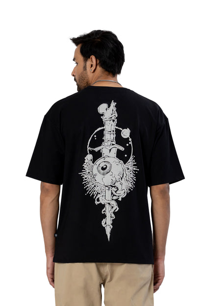 Black Oversized T-Shirt with Puff Print Swords (Unisex)