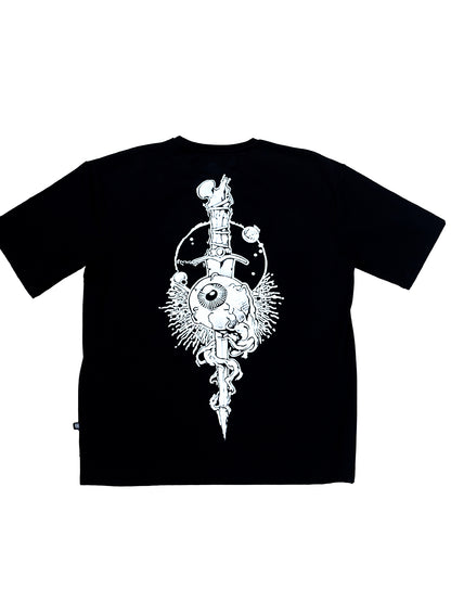 Black Oversized T-Shirt with Puff Print Swords (Unisex)