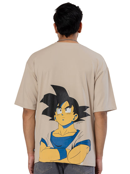 Beige Oversized Goku T-Shirt with Puff Print (Unisex)