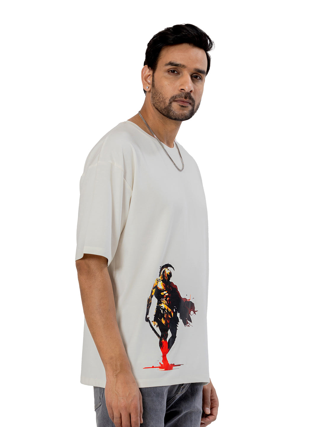 White Oversized Spartan T-Shirt with Puff Print (Unisex)