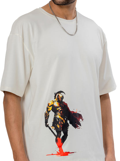 White Oversized Spartan T-Shirt with Puff Print (Unisex)